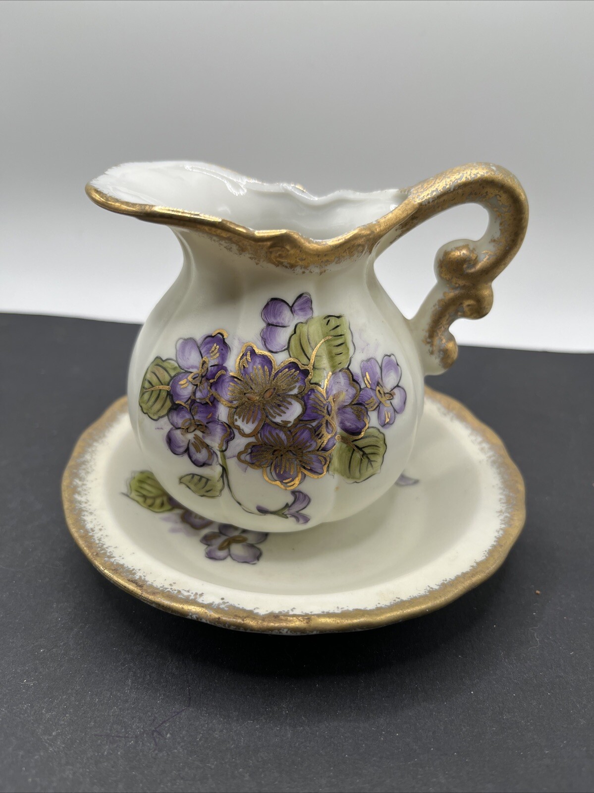 Vintage Lefton Purple Violet Floral Creamer And Saucer Gold Trim SL 322