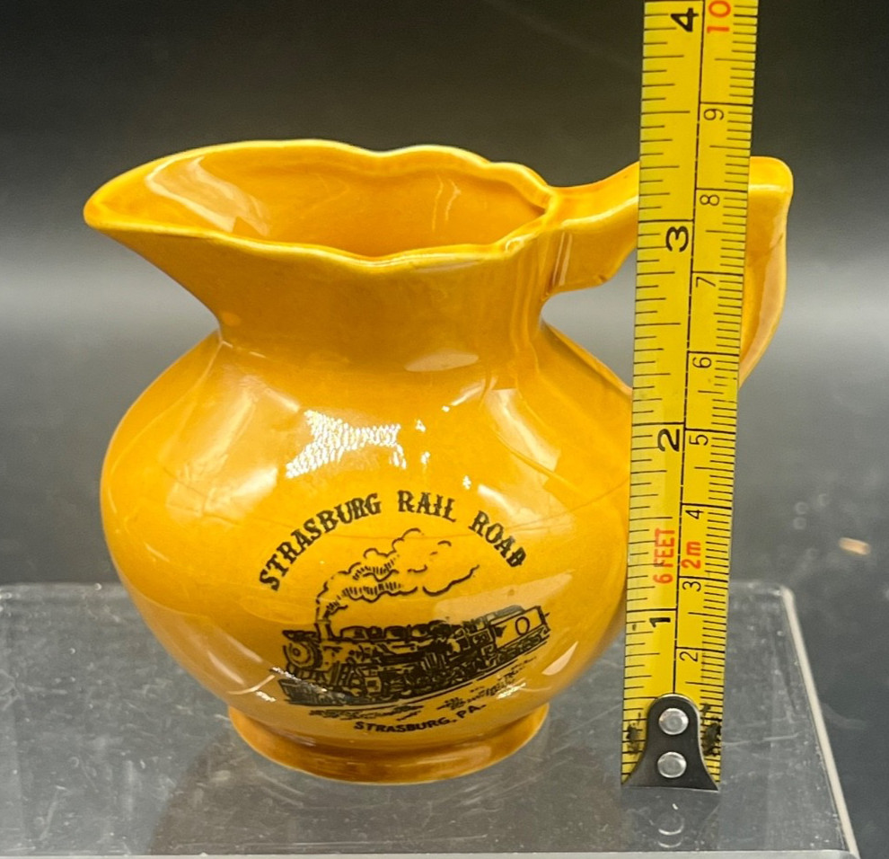 Mini Yellow Glazed Pottery Creamer Pitcher Saucer Strasburg PA Railroad Souvenir
