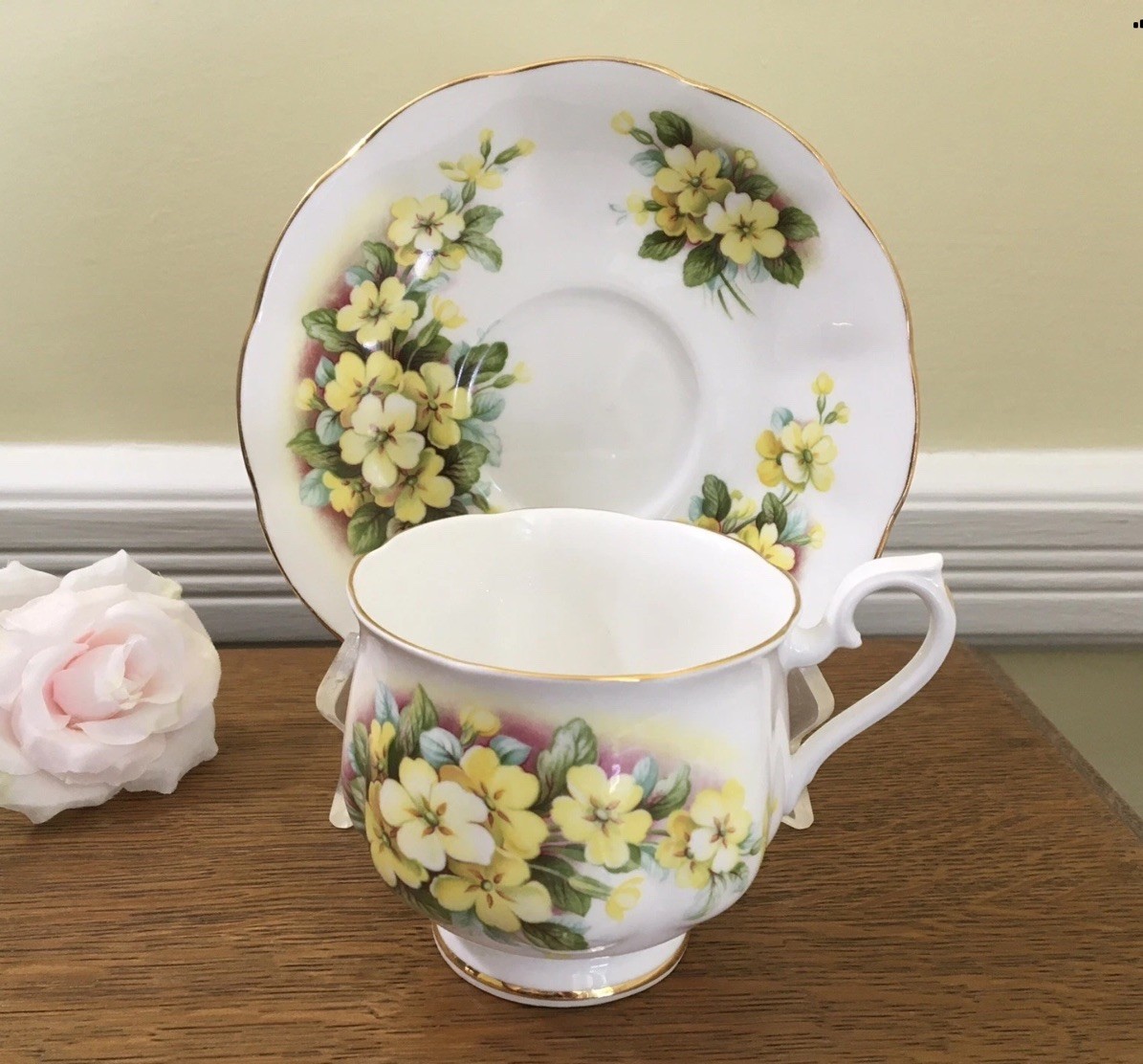 Royal Albert Teacup Saucer Set Bone China Yellow Primrose England Vintage 1960s