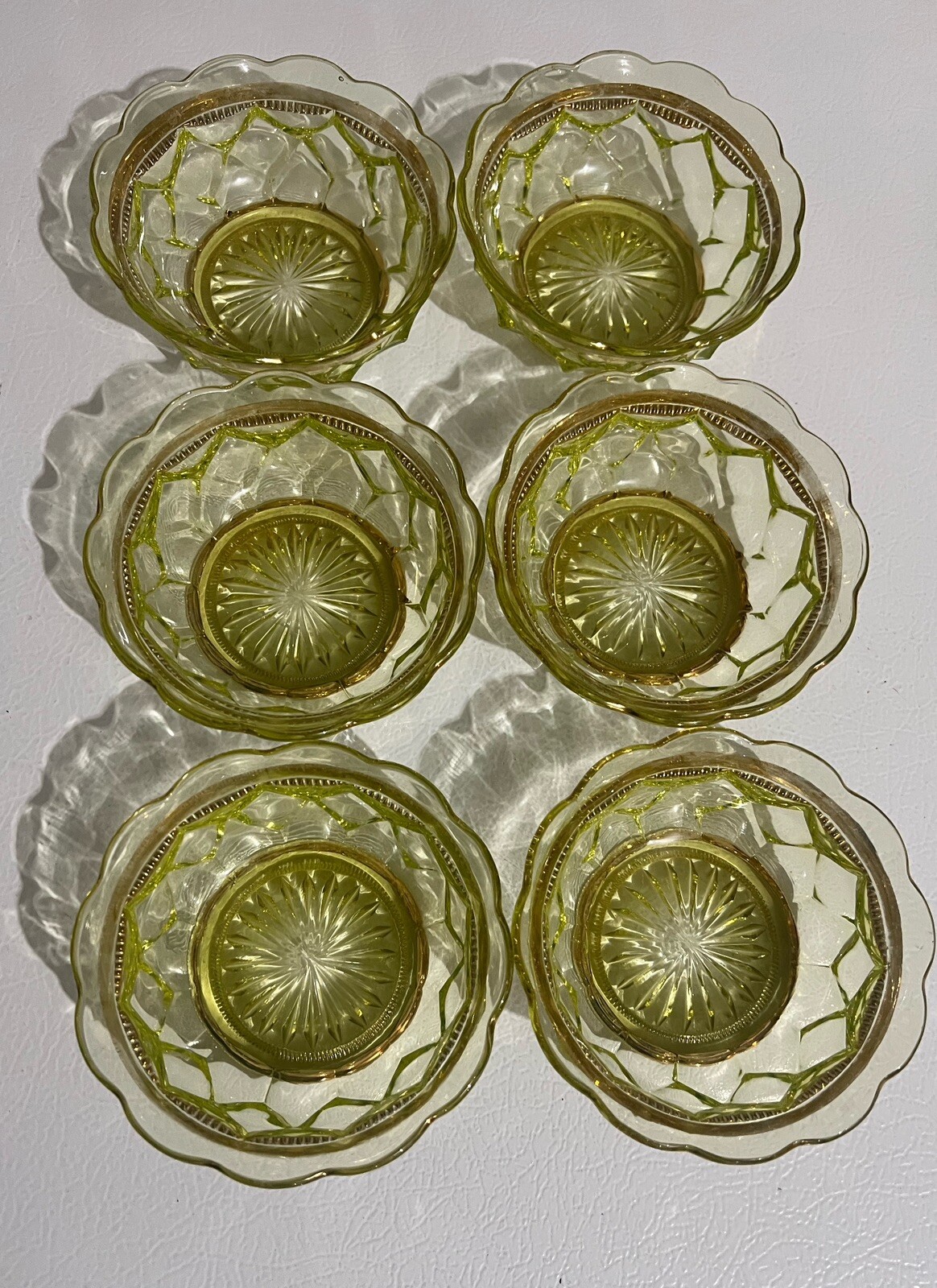 Antique Beaumont Glass Co #100 Columbia Vaseline UV Glass Berry Bowls Gold Trim
