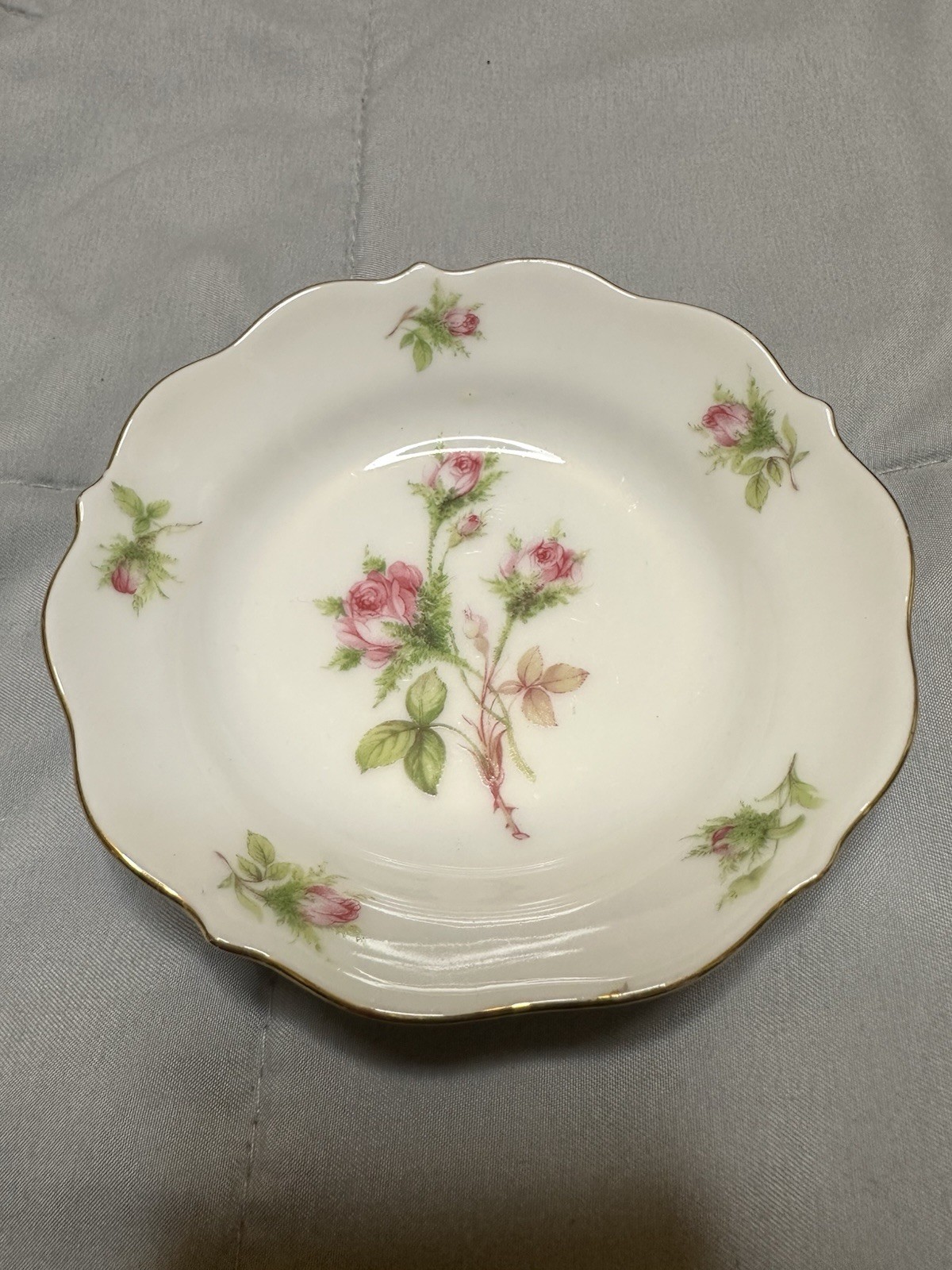 Lindner Moosrose Floral Porcelain trinket Bowl Handmade W. Germany Gold Trim