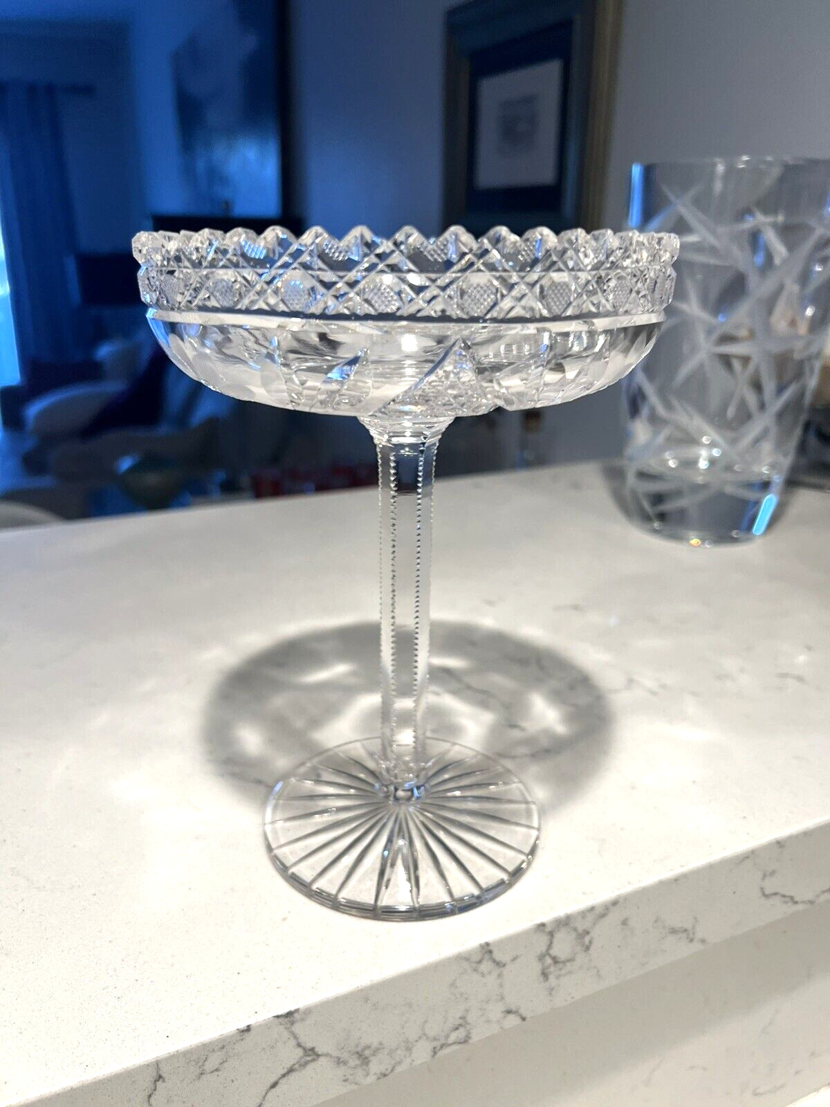 American Brilliant Period Cut Glass Crystal Compote 9″ MINT Cut Edge AMAZING