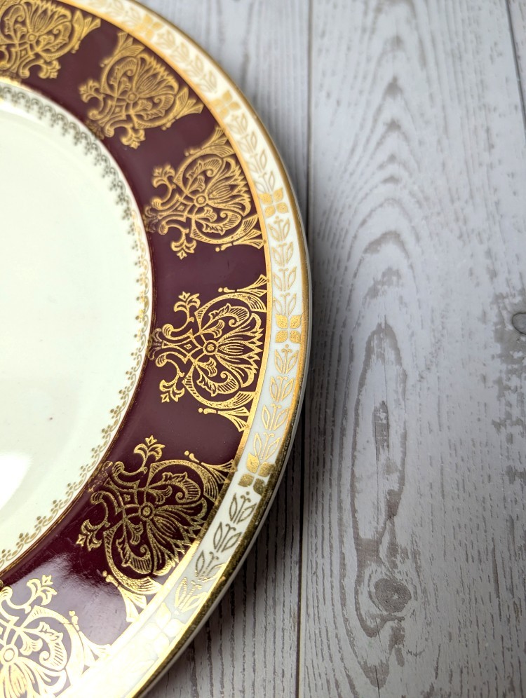 Mismatched Vintage China Plates Party Bridal Wedding Showers Burgundy Gold Trim