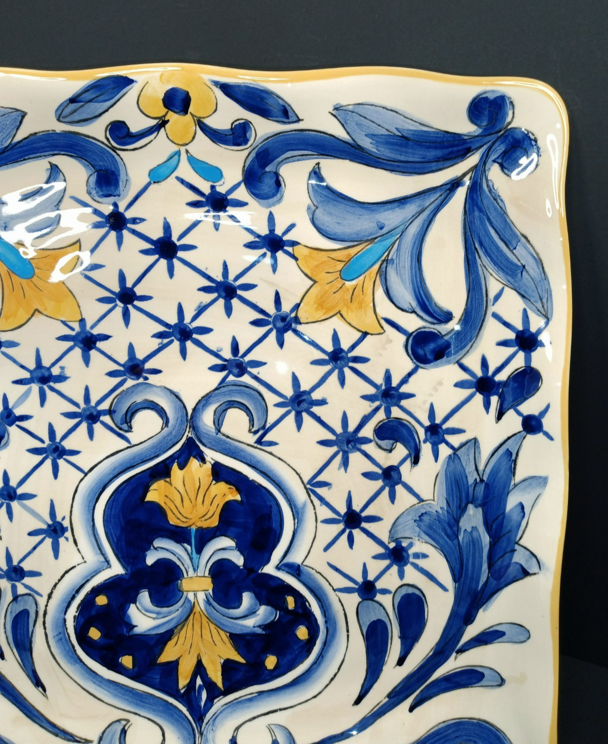 Maxcera TERRA NOVA Hand Painted Cobalt Blue Yellow Square Dinner Plate 11.50″W