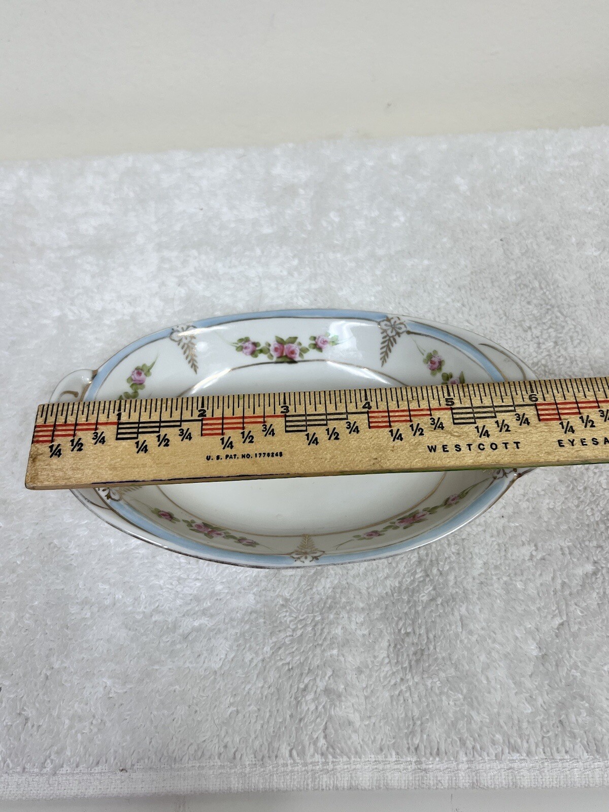 Antique Nippon Hand Painted Pink Rose Garland Oval Bowl Tab Handles Gold Details