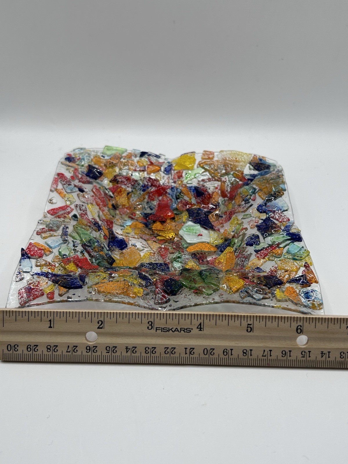 3D Trinket Dish Confetti Iridescent Fused Dichroic Glass MCM 6.5In Made in Italy