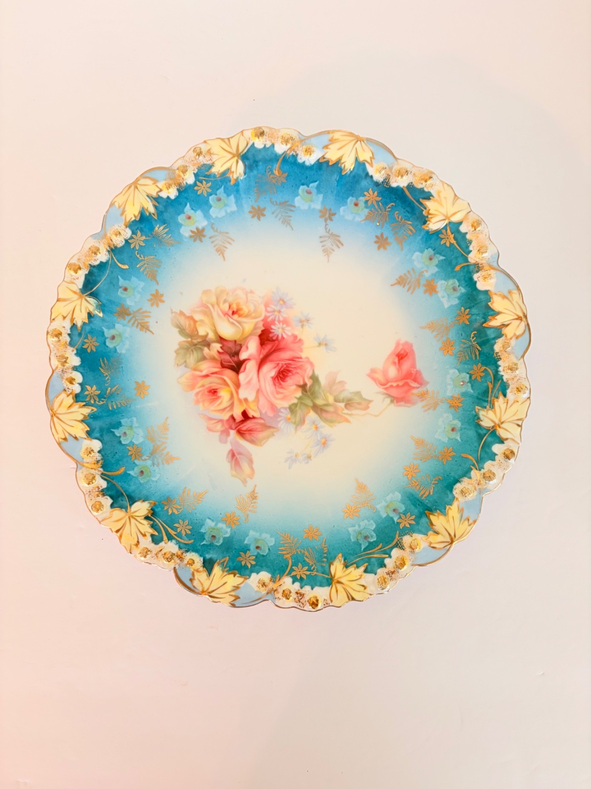 Bohemia Porcelain Hand Painted Rose Cabinet Plate Teal Blue Gold Gilt 9″