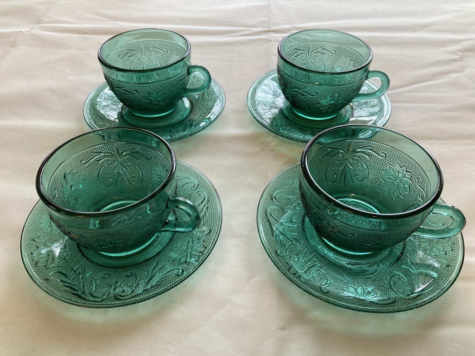Tiara Indiana Glass Sandwich Pattern Cup & Saucer Spruce Green Set Of 4
