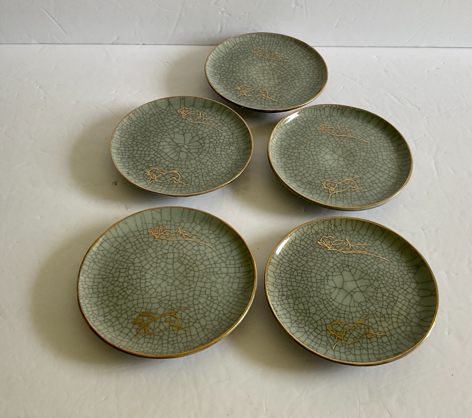 Vtg Somayaki Soma Ware Double Wall Bread Plates 5 1/2″D Green Crackle Set of 5