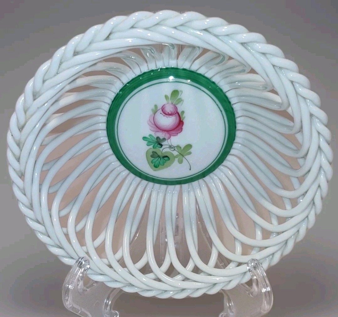 Herend Vienna Rose Openwork Basket Bowl Porcelain White Pink Flower Hungary 7372