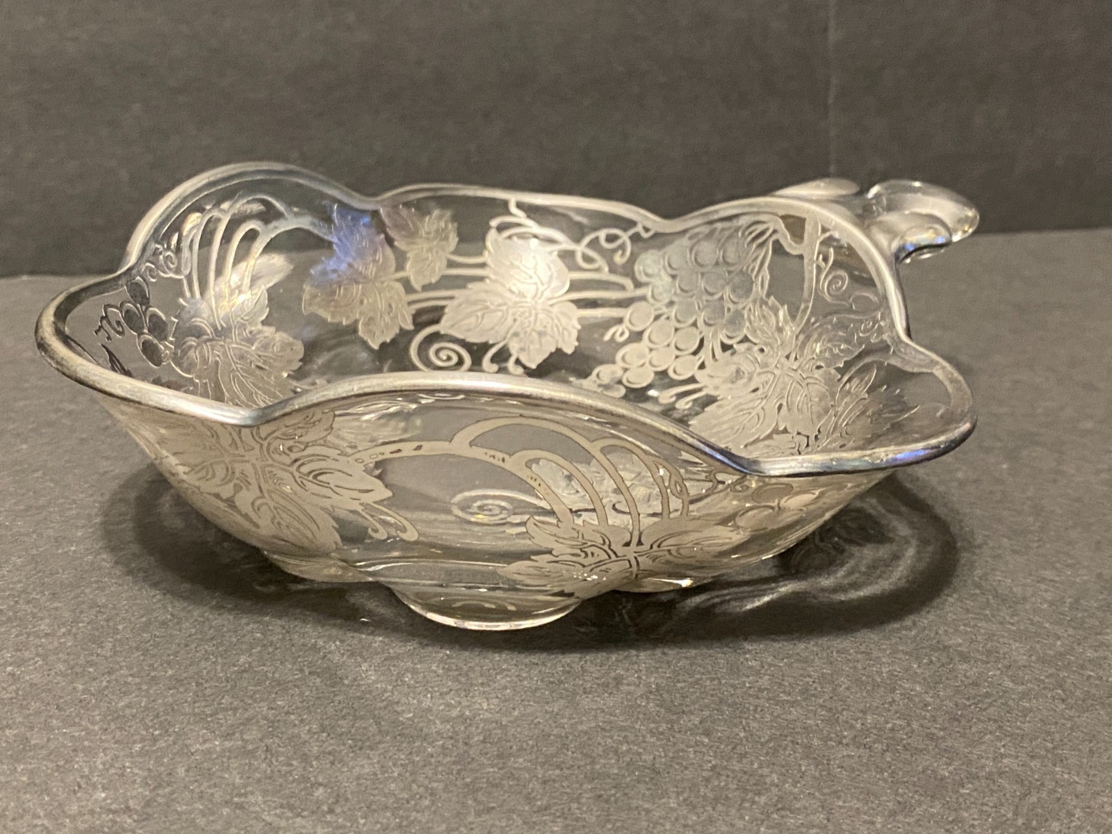 Vintage Silver Overlay Glass Candy Nut Dish Grape Vines Leaves Grapes