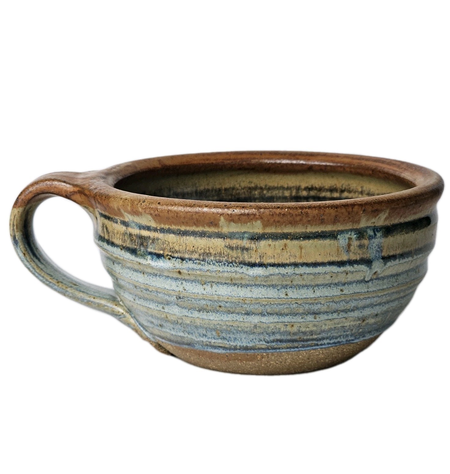 Signed Studio Art Pottery Green Brown Drip Glaze Coffee Ceramic Soup Mug 18oz