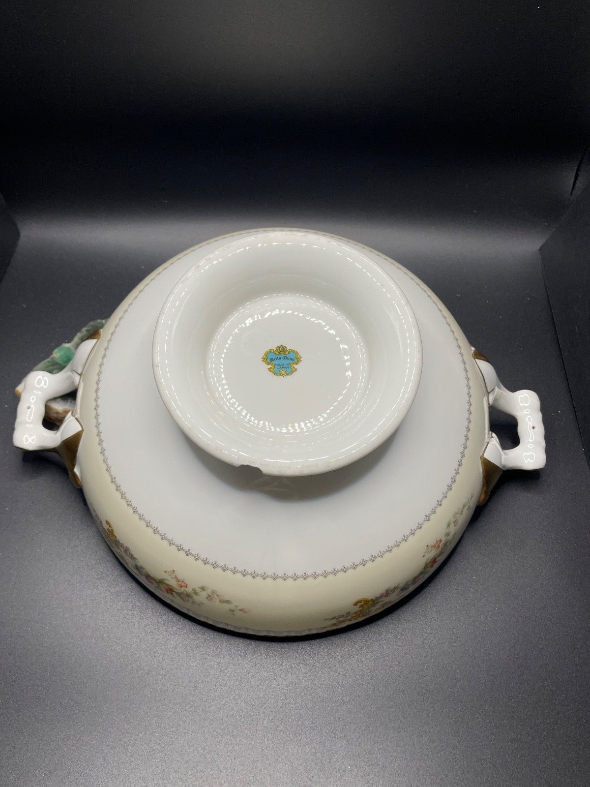 Vtg Meito Utica Fine China Covered Round Vegetable Dish Bowl 11” Blue Gold Trim