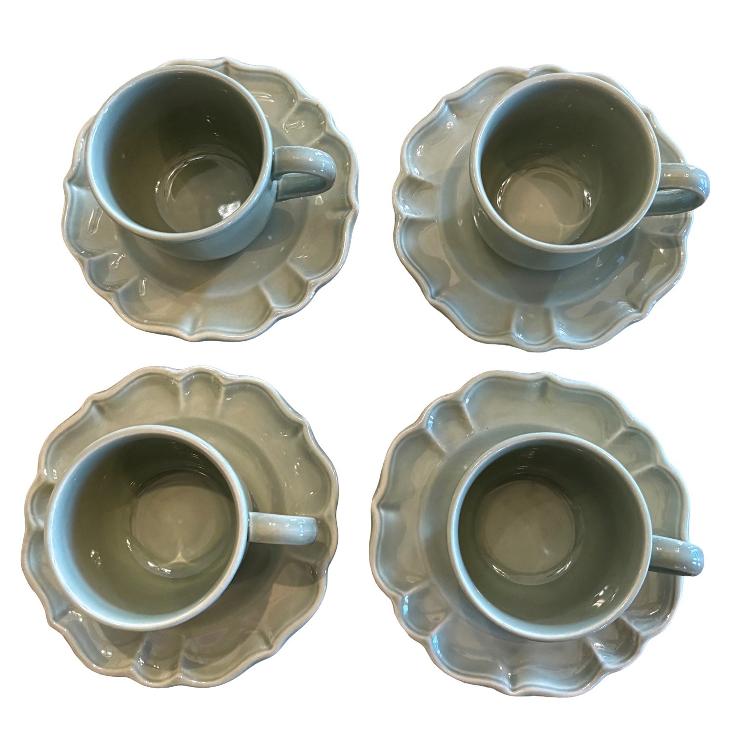 Varages France Vintage LUBERON CELADON Flat Cup and Saucer Set of 4 NEW
