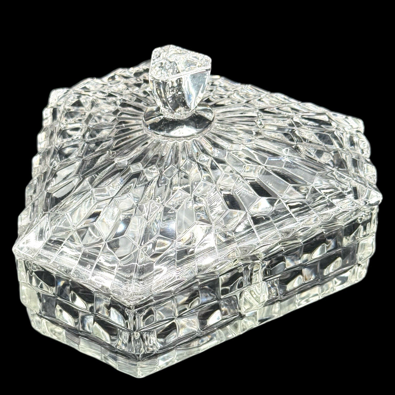Fostoria American Cubist Covered Candy Dish, Hexagon 3 Section Glass Server MCM