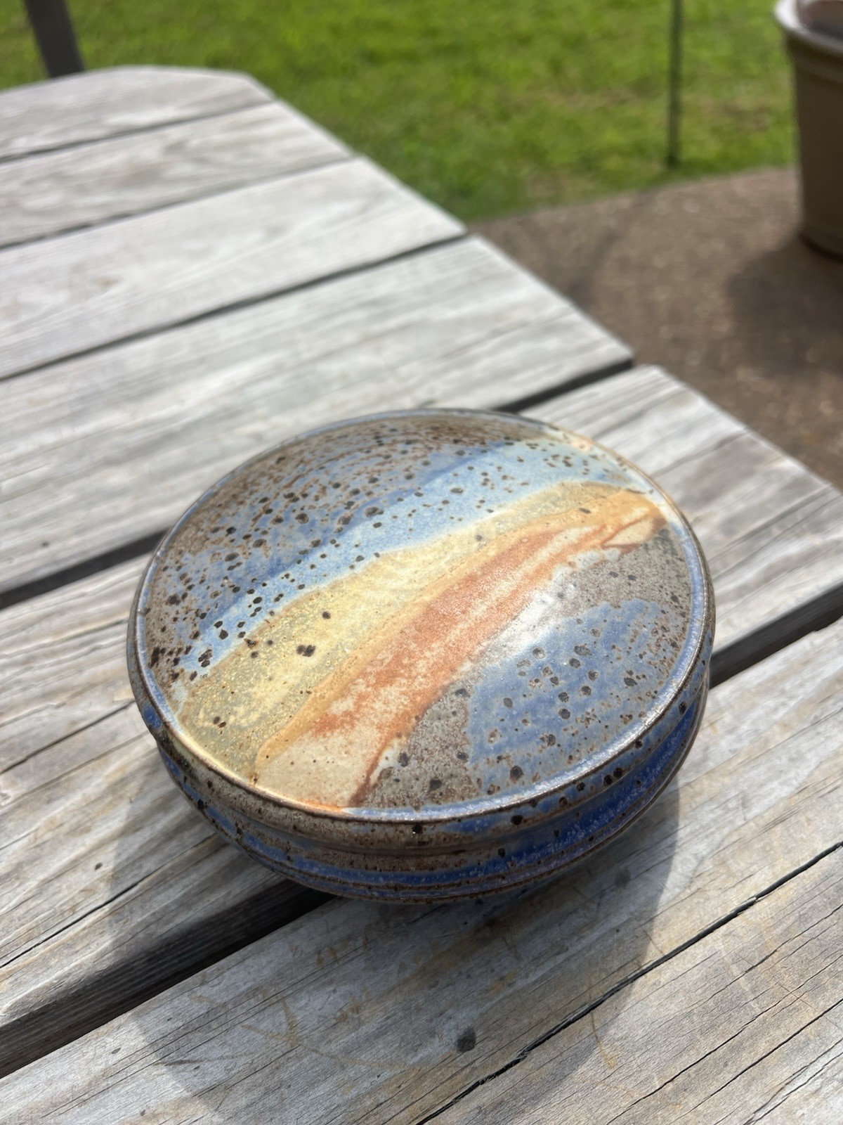 Vintage Studio Pottery Lidded Trinket Dish Signed Blue Brown Glaze Stoneware