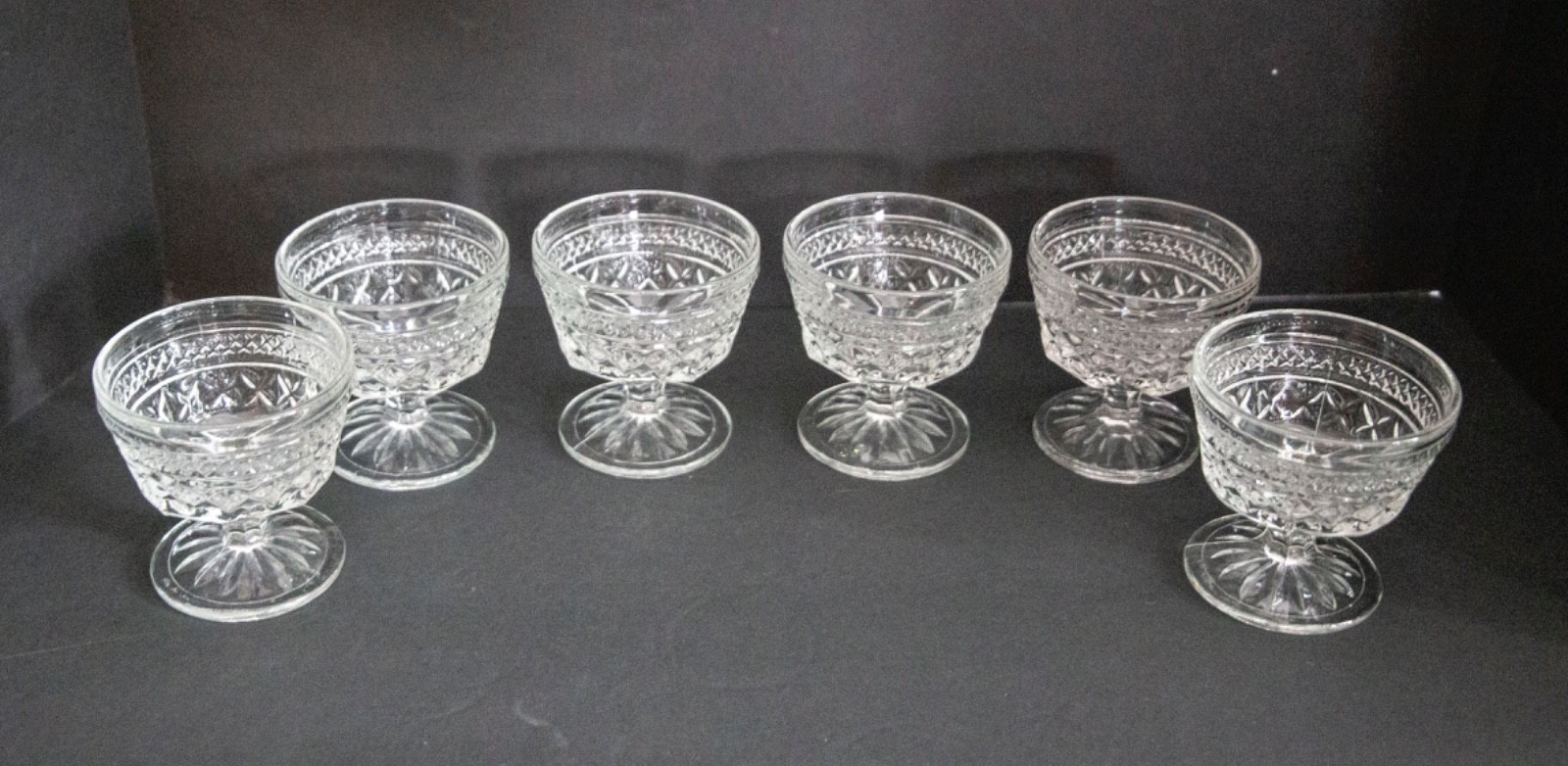 6 Wexford Anchor Hocking Footed Sherbet/Dessert Glasses-Clear-4″-EX