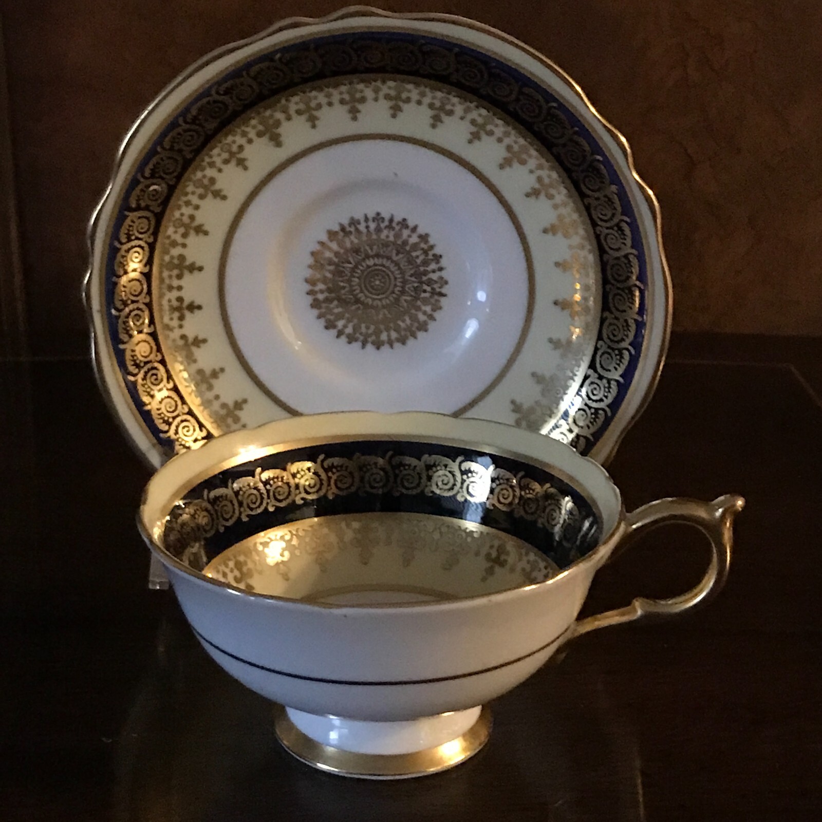 Vtg PARAGON Bone China Cup Saucer, Lt Yellow & Cobalt Blue, Gilded Lacy Filigree