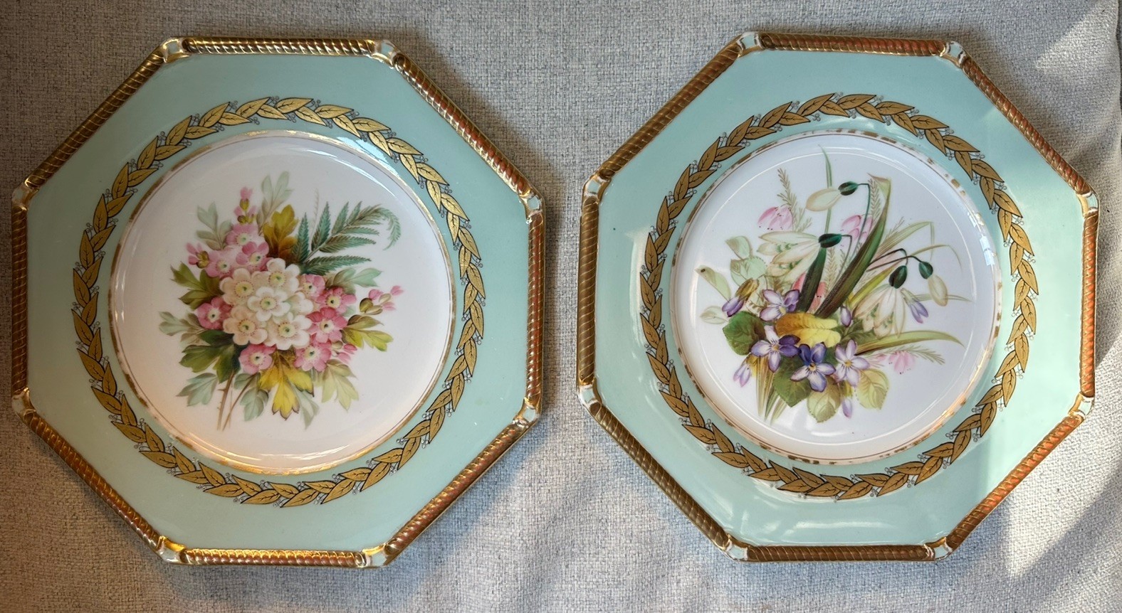 Pair Antique Royal Worcester Botanical hand painted octagonal Plates Floral Gilt