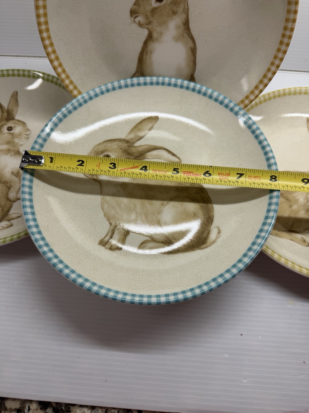 222 Fifth Bunny Land Rabbit Gingham Edge Easter Salad Plates 8” Set Of 4 New