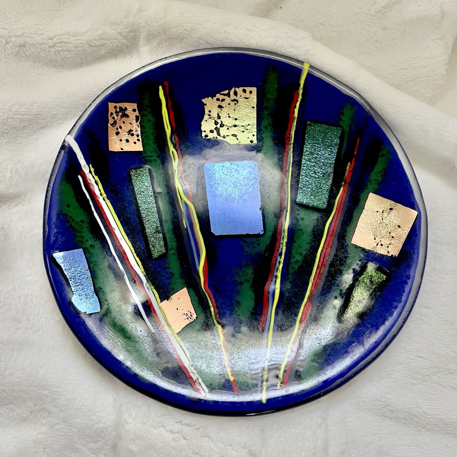 Abstract Fused Dichroic Art Glass Plate Blue Multicolor Modern Decor 8”