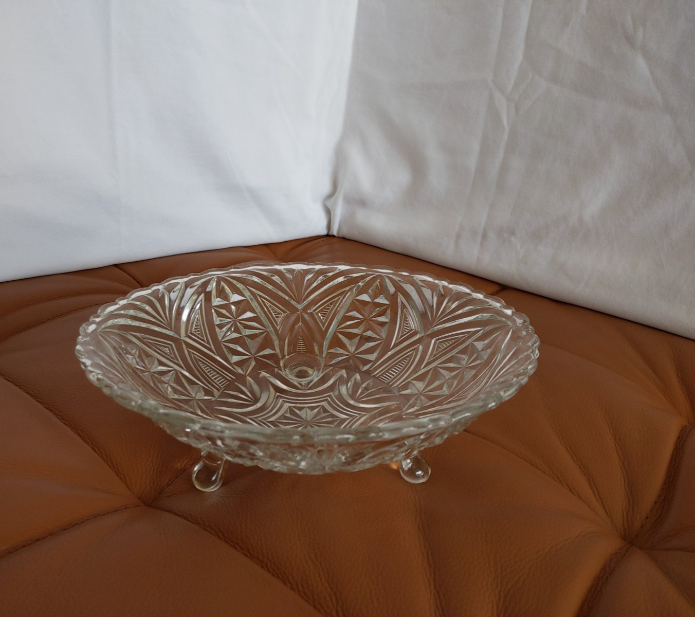 Vintage Anchor Hocking Serving Bowl Clear Pressed Glass 3 Footed 9in Dish 1960