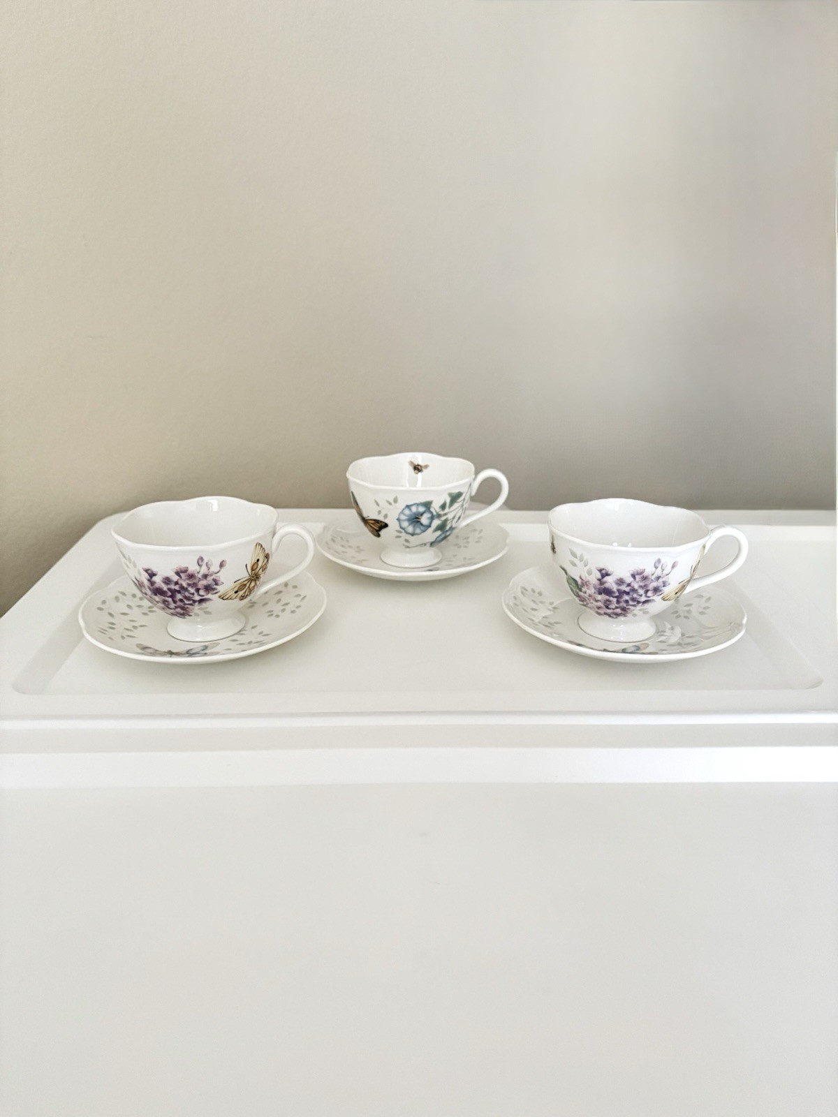 Lenox Floral Butterfly Bee Cups and Saucers Teacups Set of 3