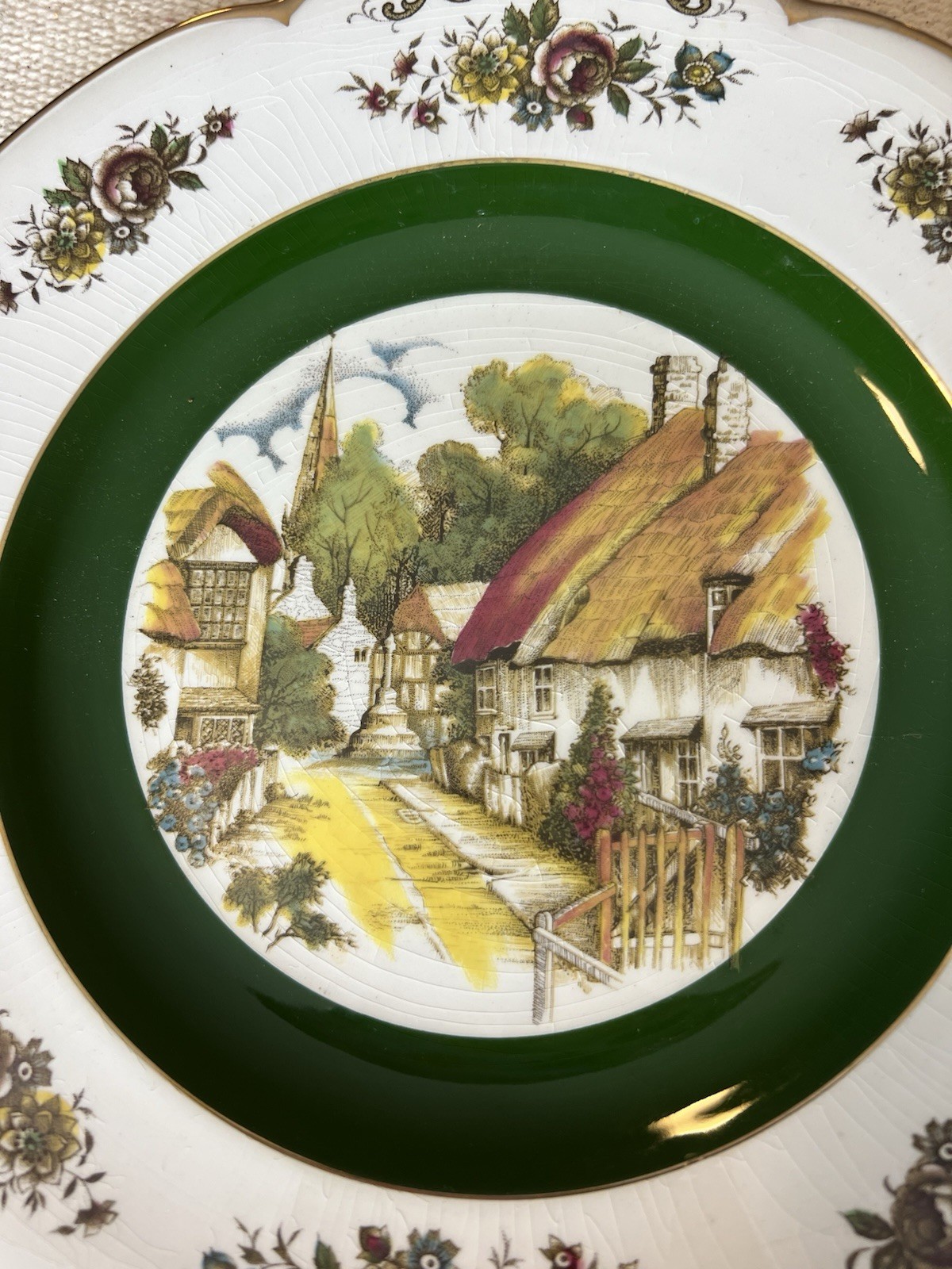 Vintage Woods and Sons Ascot Ironstone Plate: English Village Scene, Gold Trim