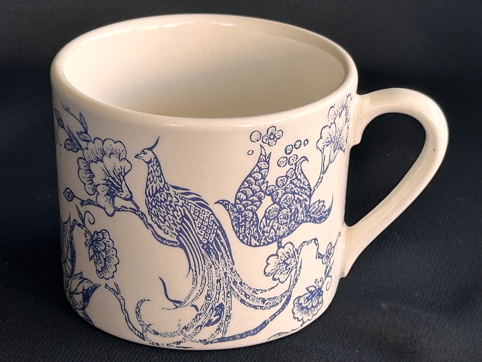 Staffordshire Engravings Flat Coffee Mug Cup BIRD OF PARADISE Blue White China