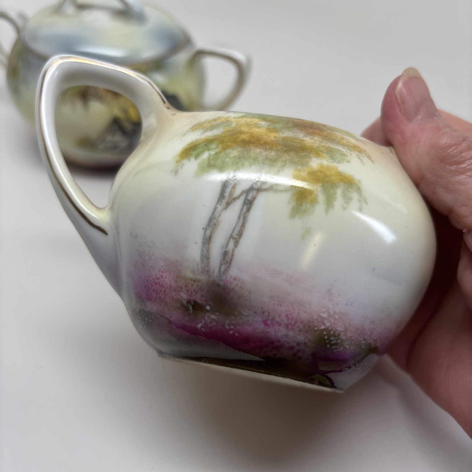 Antique RS Prussia Rare Sugar Creamer Cottage Barn Motif