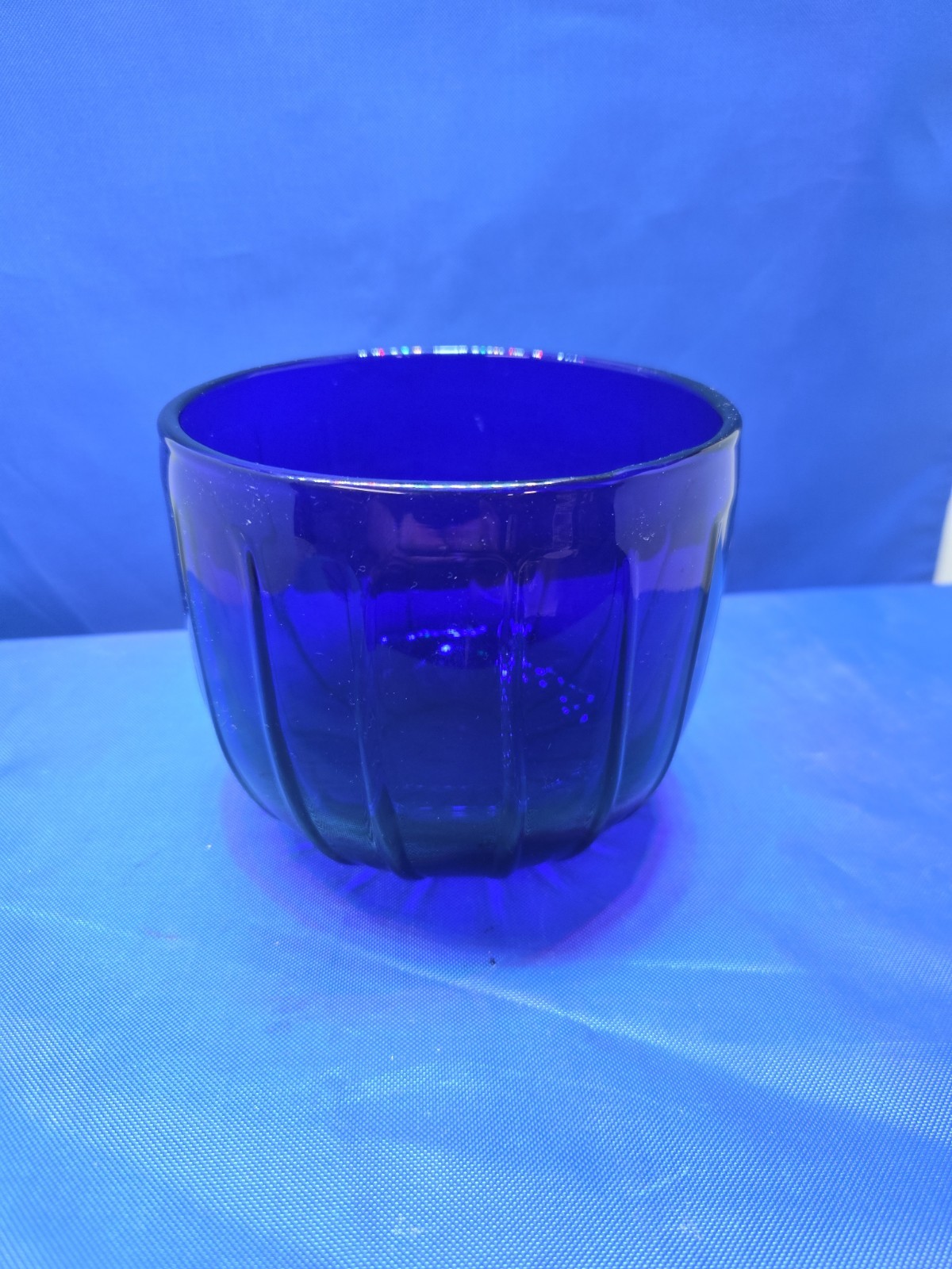 Vintage Hand Blown Cobalt Blue Glass Ribbed Bowl Pontil Base Art Glass