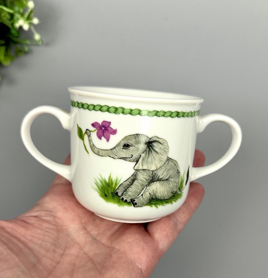Lynn Chase Jungle Party Childs Mug 2 Handles Cup 1988 Japan Elephant Zebra Frog
