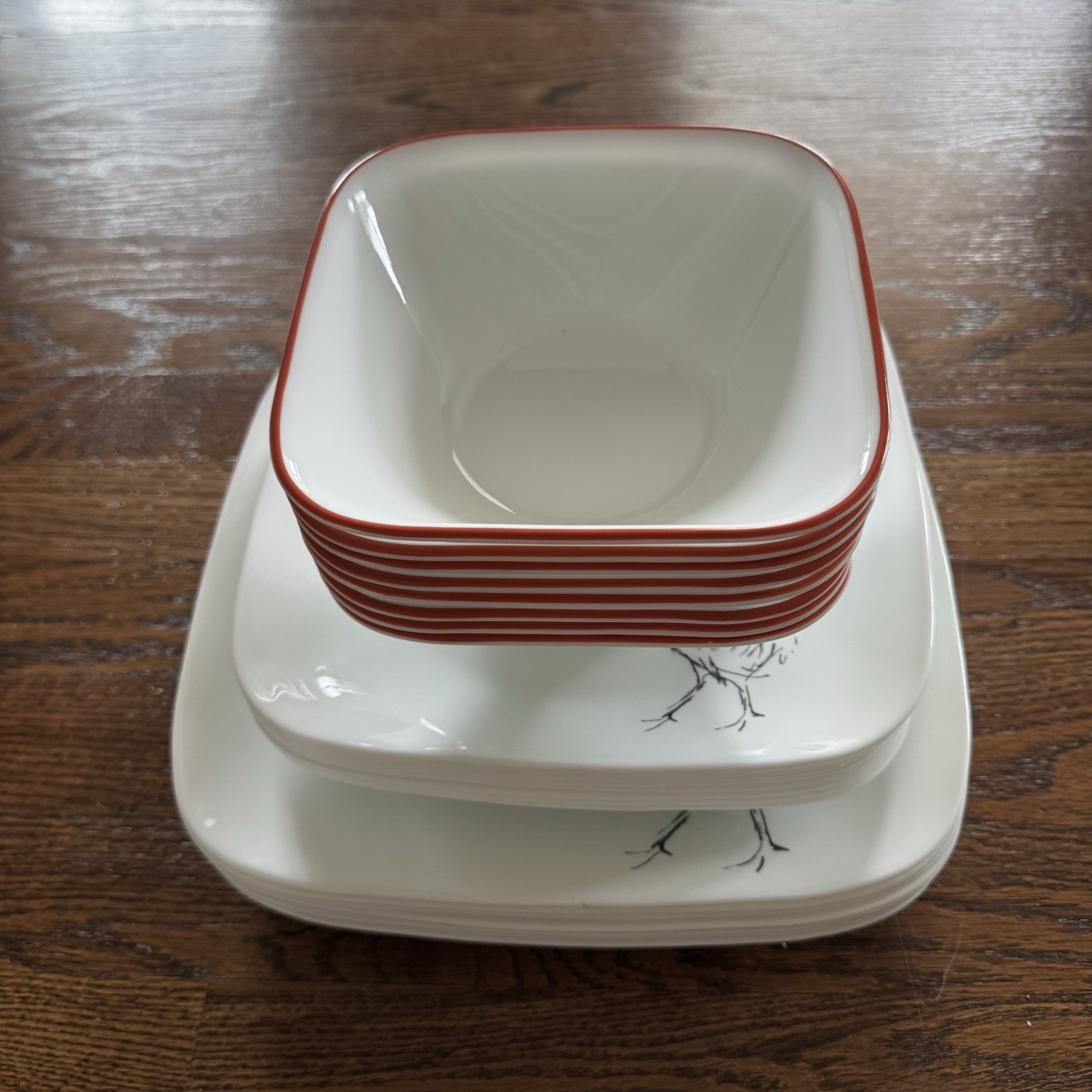 24 PC SET Corelle Square Rooster Country Dawn Dinner Plates And Square Bowls
