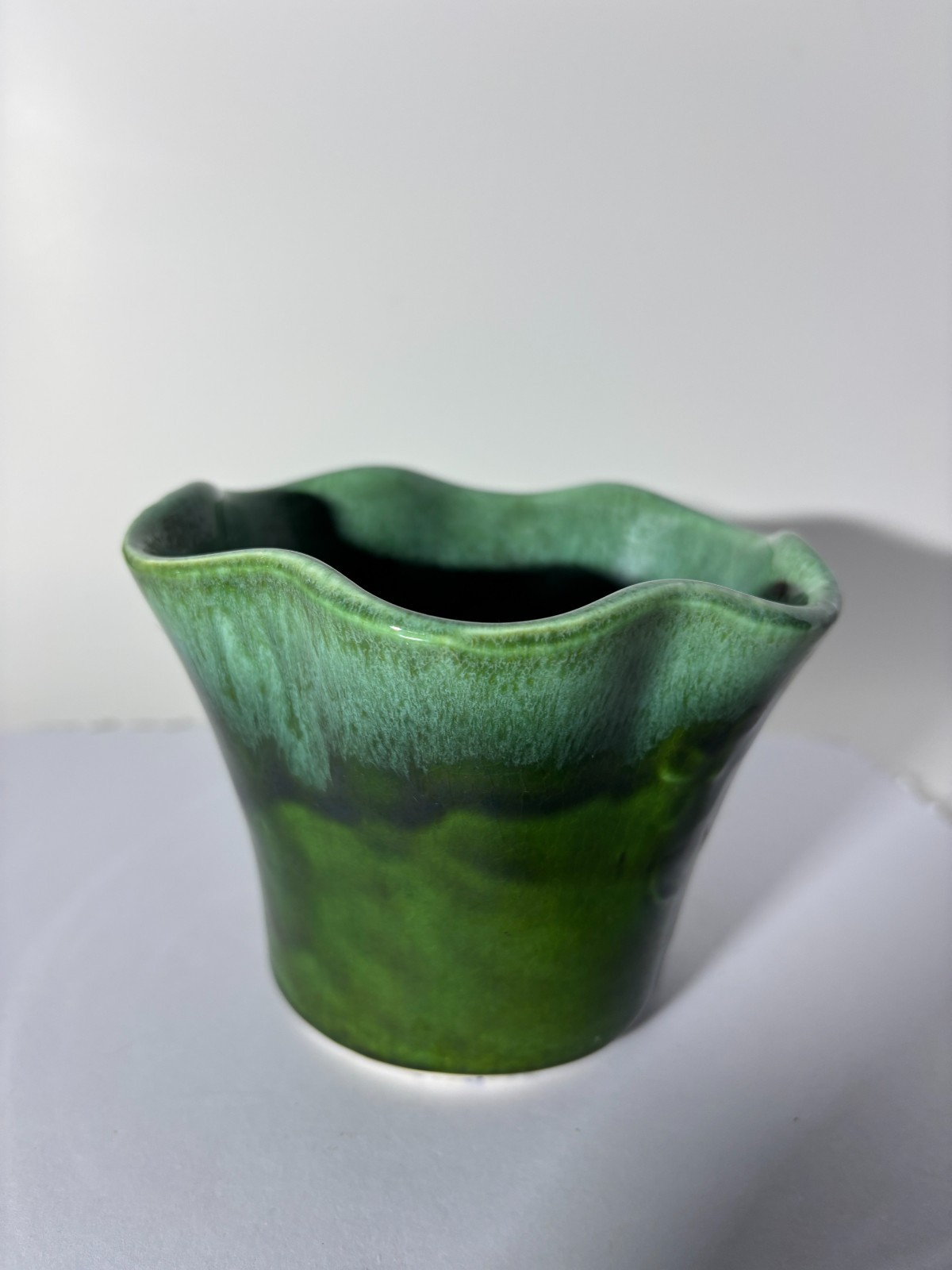 Vintage Judy Calif USA Pottery F1 Green Free Form Vase Embossed Leaf MCM