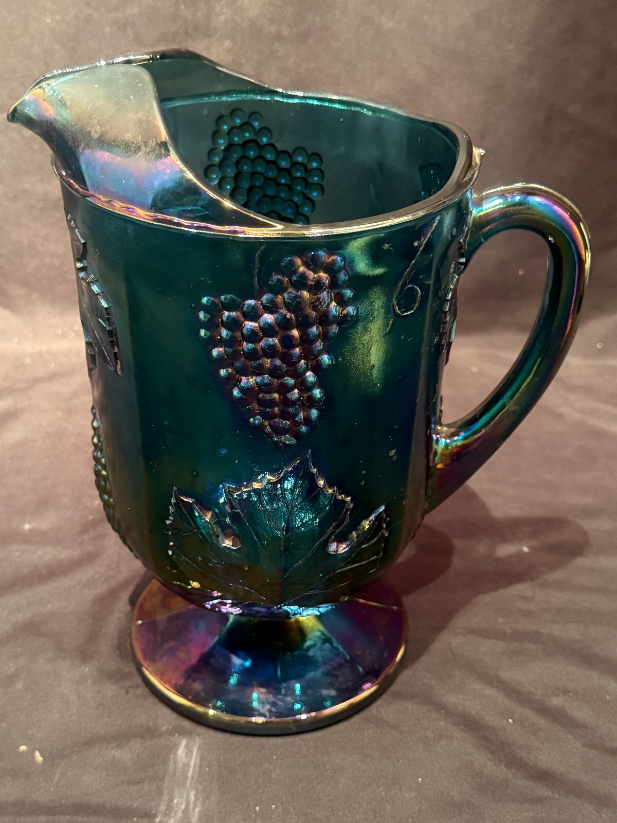 Harvest Grape & Leaf Indiana Art Glass Carnival Iridescent Blue Water Pitcher