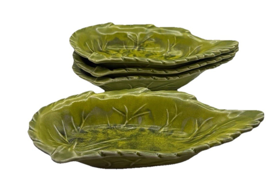 Green Leaf Dip Bowls Set 4 California Original 594 USA Drip Glaze Pottery VTG