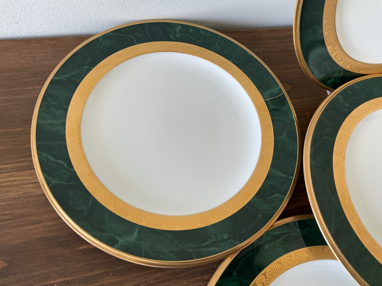 Set/6 NORITAKE Fitzgerald 4712 Salad Plates Green Marble Border Gold Scroll EXC!