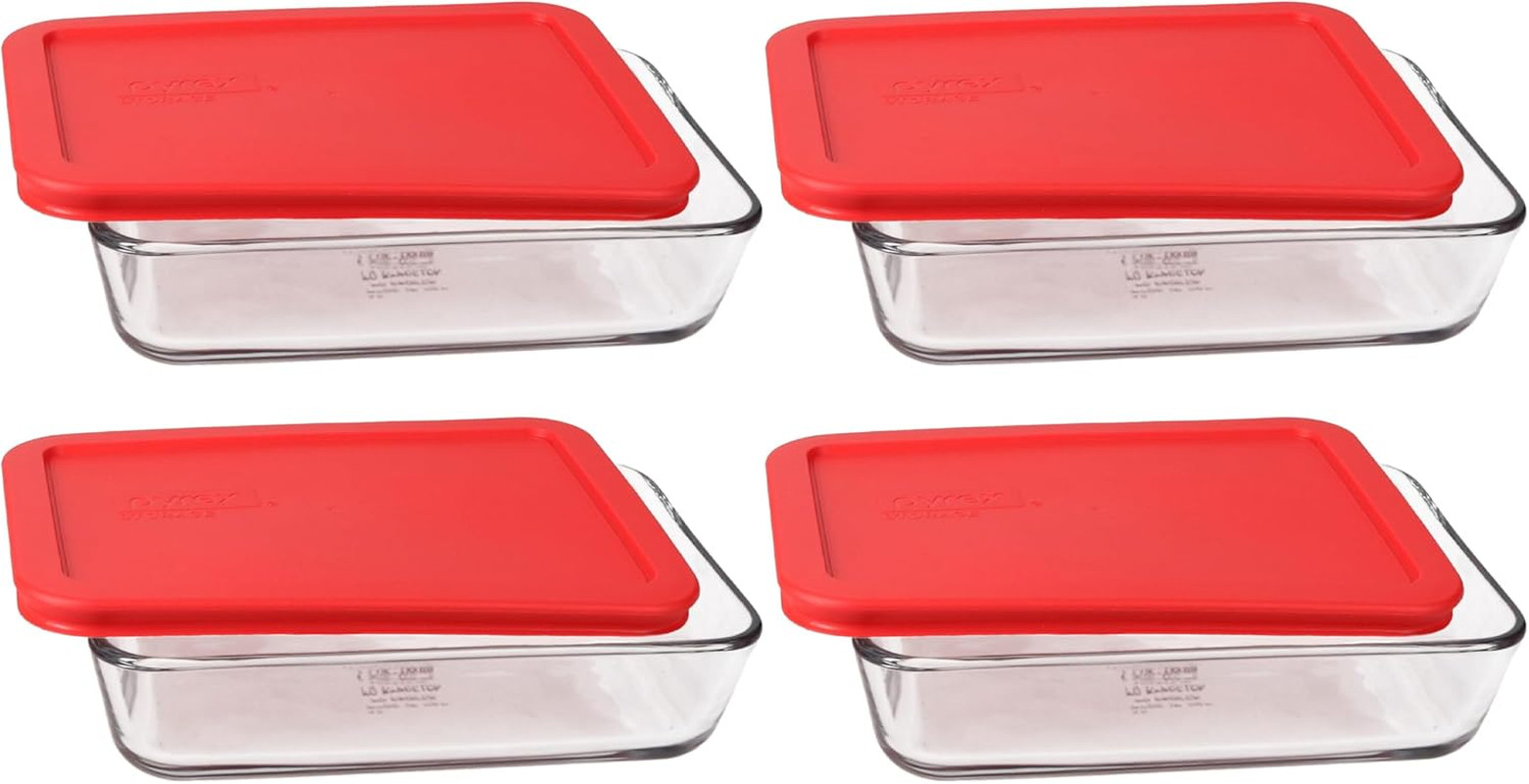 7210 3 Cup Glass Dish & 7210-PC Red Food Storage Replacement Lid (4-Pack) – Made