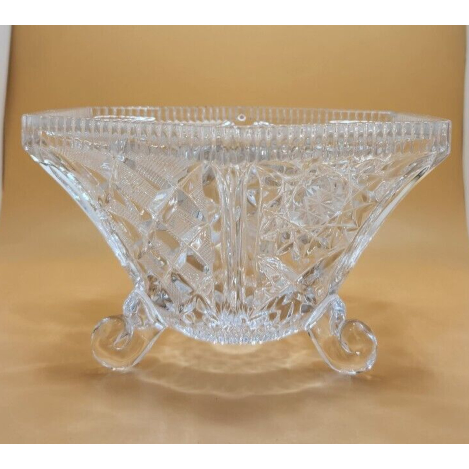 Vintage American Brilliant Cut Glass Tri Footed Hexagon Candy Dish 4″ Tall