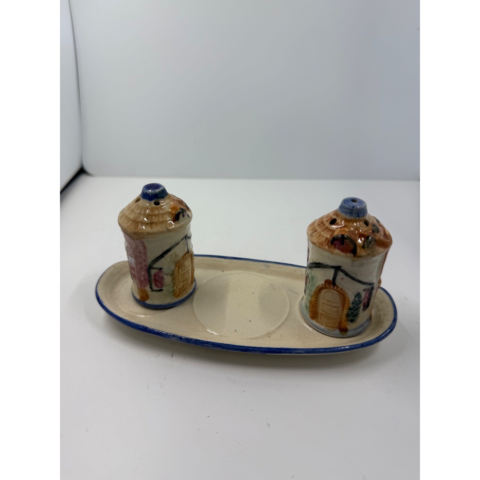 Vintage House Salt and Pepper Shakers with Tray Ceramic Made in occupied Japan
