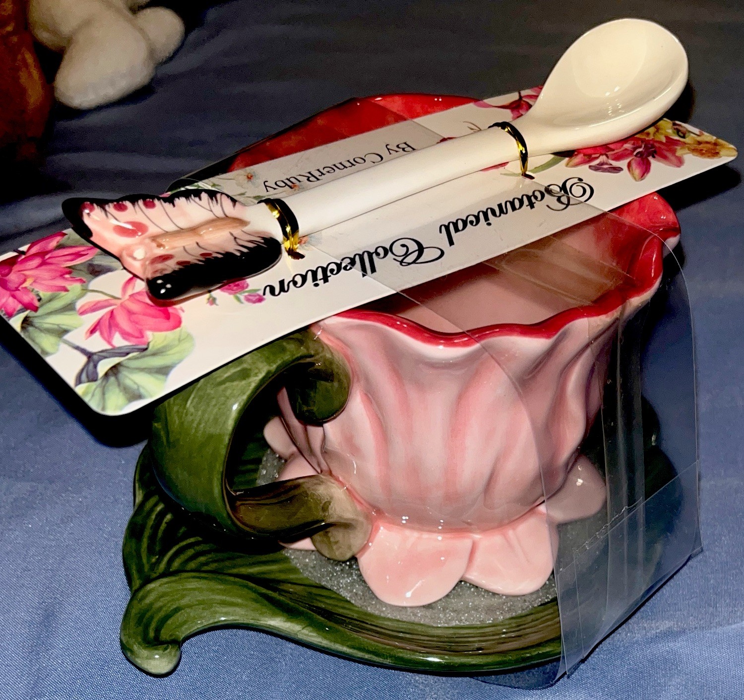 Botanical Collection Corner Ruby Flower Tea Cup Leaf Saucer Butterfly Spoon
