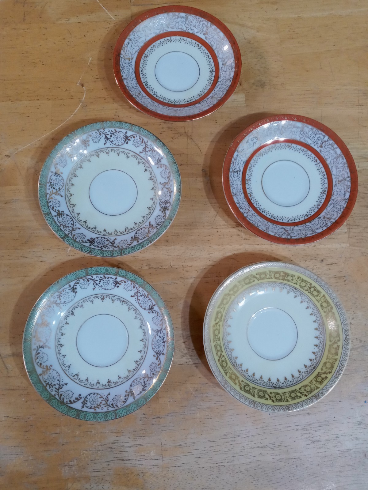 Lot 5 Saucers Made In Occupied Japan Colorful 2 Orange, 2 Mint Green, 1 Yellow