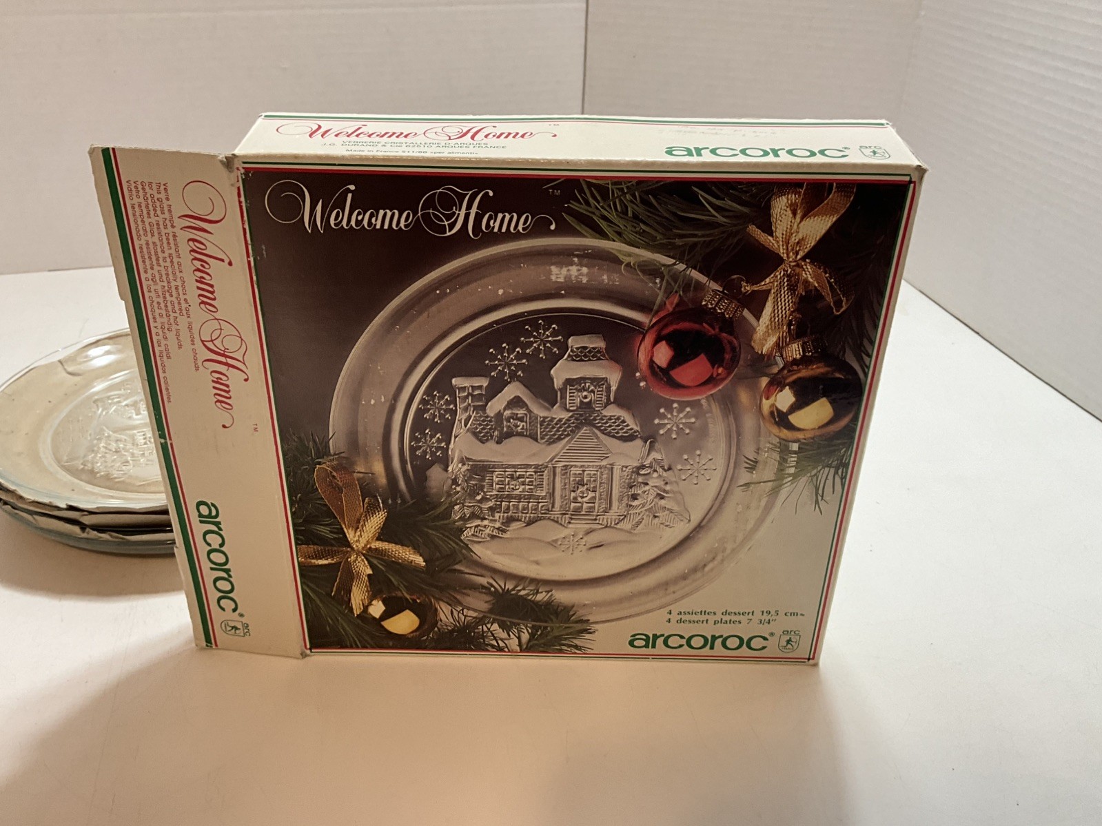 Arcoroc “Welcome Home” France Clear Glass 7 1/2″ Holiday Plates Set of 8 NICE!