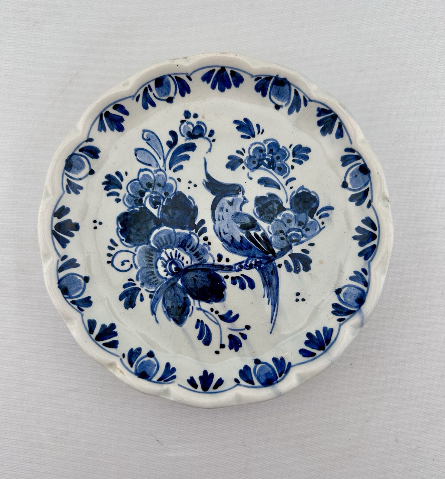 Vintage Delft Blue Plate Bird Floral Design Scalloped Hand Painted Made Holland