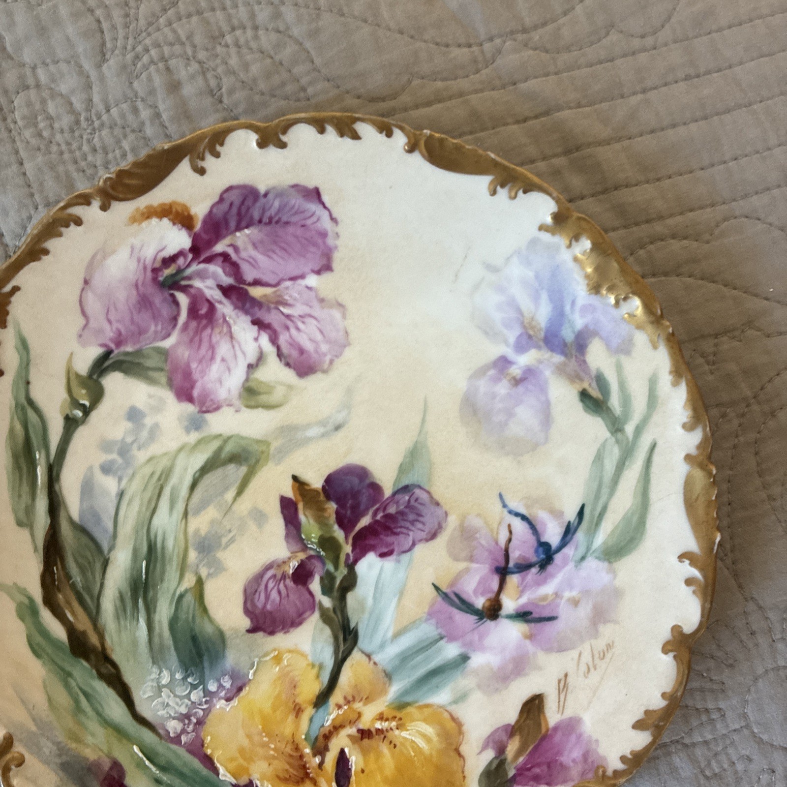 ANTIQUE LIMOGES HAND PAINTED FLORAL PLAQUE PLATE GOLD / SIGNED