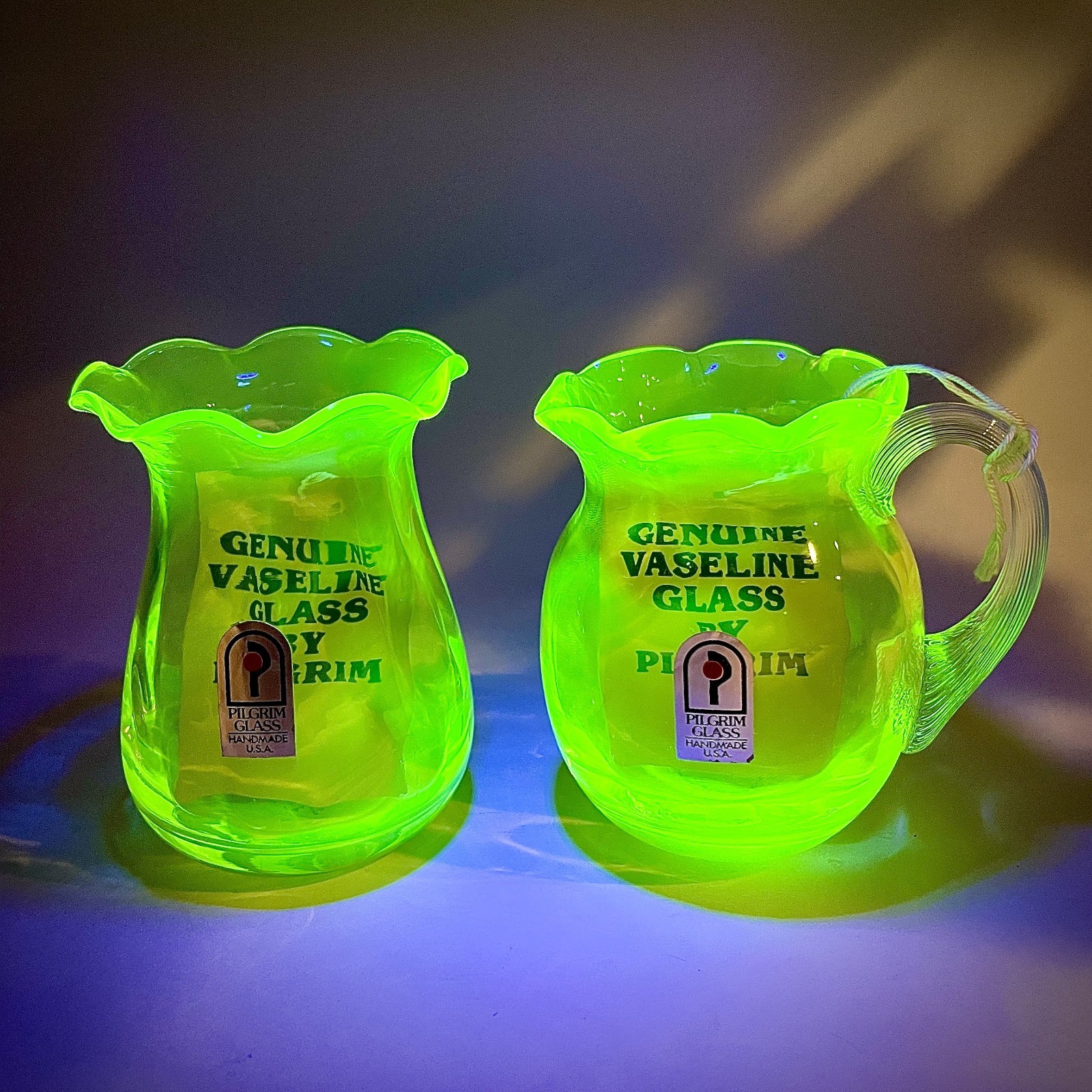 Vintage Pilgrim Vaseline Uranium Glass Mini Pitcher Set Hand Blown UV Pair RARE