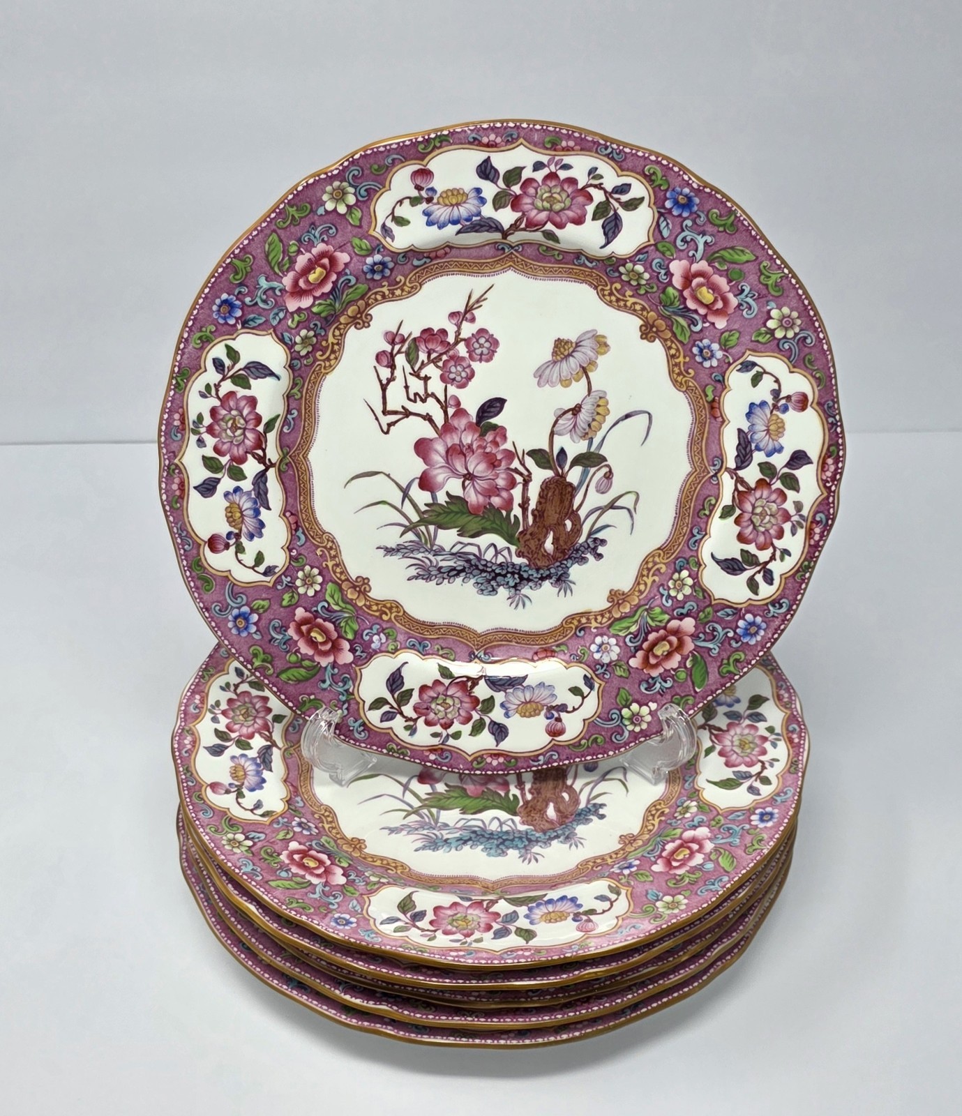 6 Vintage Minton B488 – 10.25″ Dinner Plates Scalloped Edge & Pink Floral Design