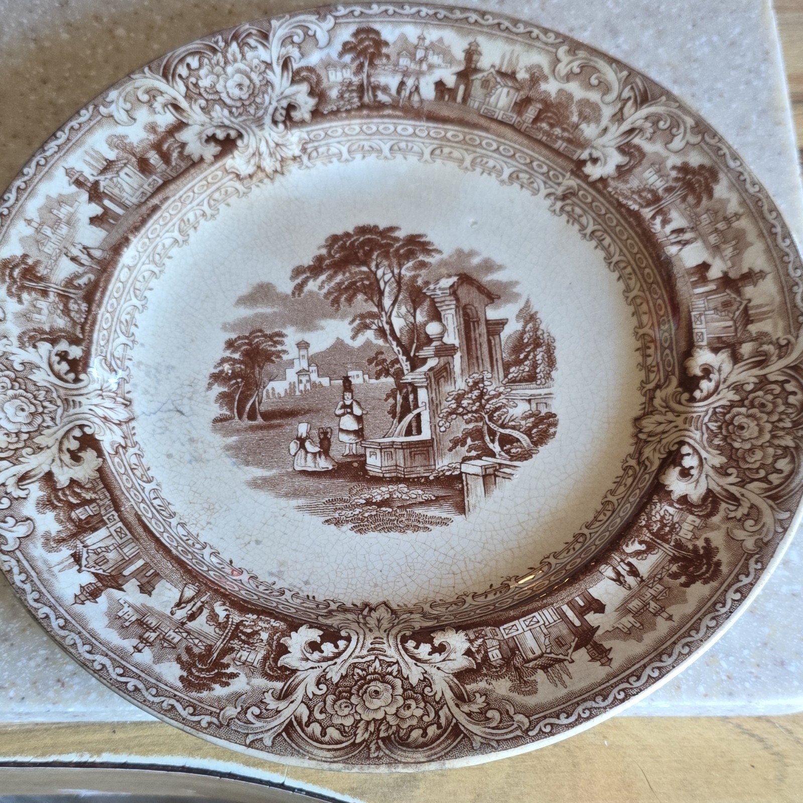 Antique Old Hall 1860s England Brown Transferware Plate – Rare Victorian ITALY