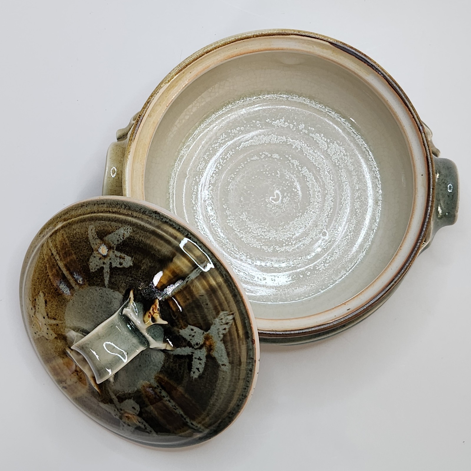 Studio Art Pottery Handmade Glossy Crackle Glaze Ceramic Lidded Casserole Dish
