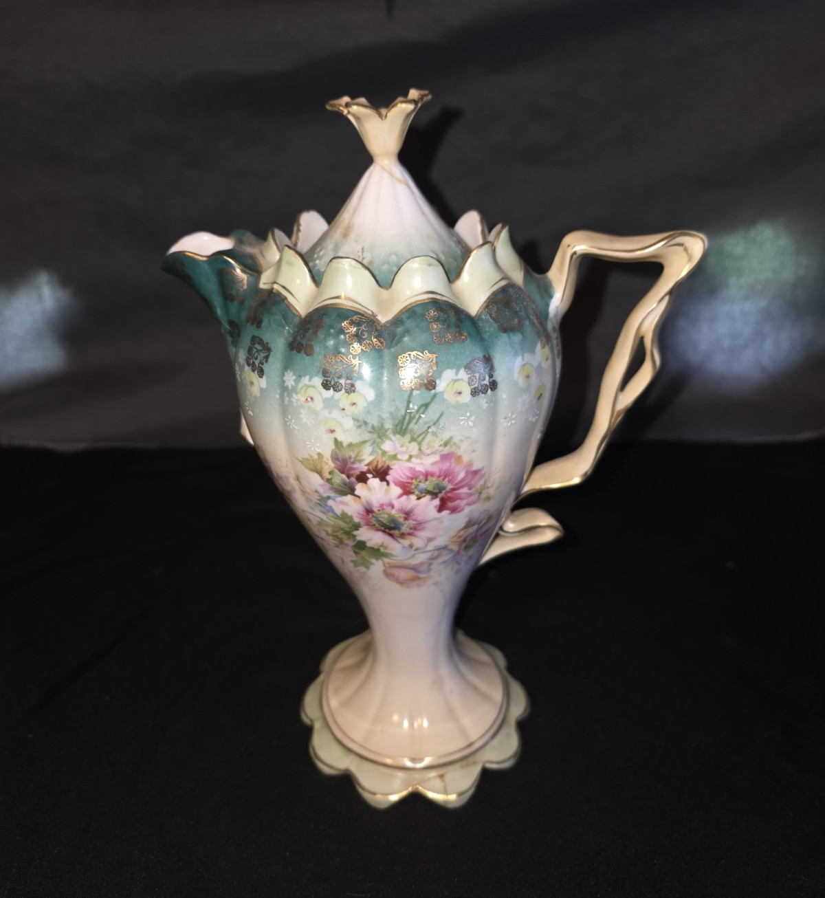 Vintage RS Prussia Red Mark Chocolate Pot Green Floral Footed Scalloped Base